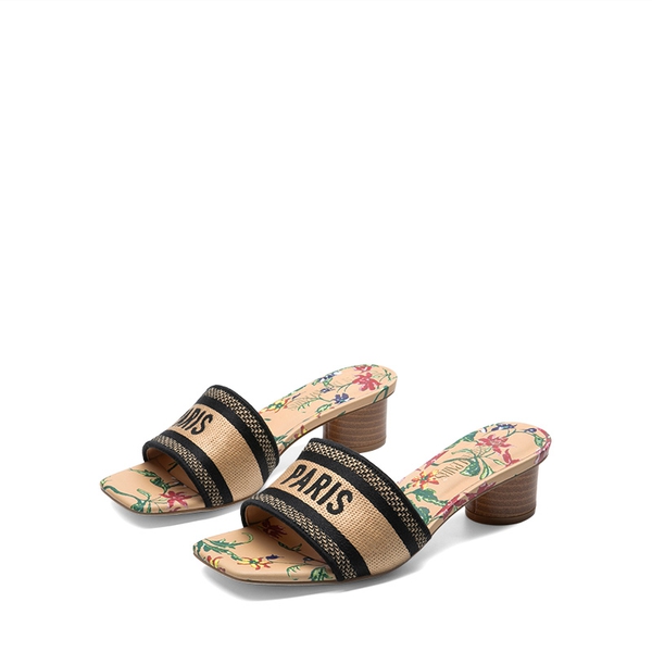 Jacquard Cylindrical Heel Slide Sandals - BLACK TAN - 5